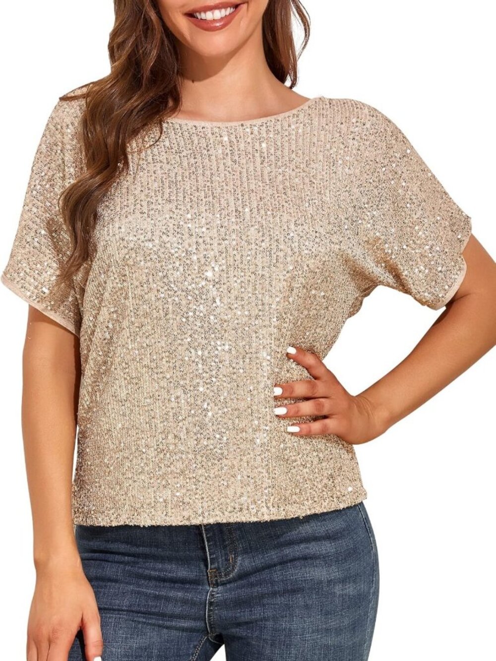 Sparkly Sequin Batwing Sleeve Top | Glitter Party Blouse | Dressy Women’s Shirt